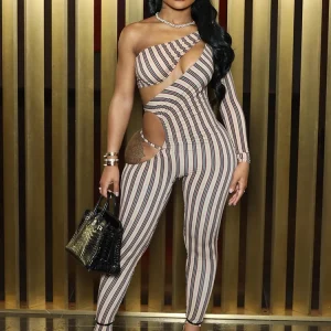 Weird Puss Sexy Hollow Jumpsuit Women Ruched Irregular Hipster Club Stripe Print Full Sleeve Midnight Activity Workout Overalls