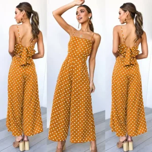 Women Elegant V-Neck Sleeveless High Waist Jumpsuit Summer Sexy Polka Dot Romper Female Loose Wide Leg Playsuits Fashion