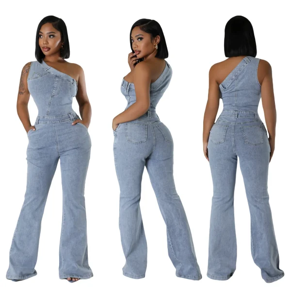 2025 New European and American style off-shoulder waist-tight denim overalls; Fashionable outfit; Trend; Women's clothing; Flare - Image 4