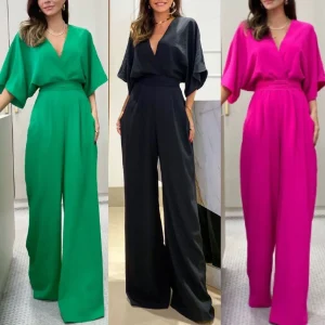 Jumpsuits Women Rompers Wide Leg Pants V Neck One Piece Spliced Full Length Short Sleeve Solid Sashes High Street Loose