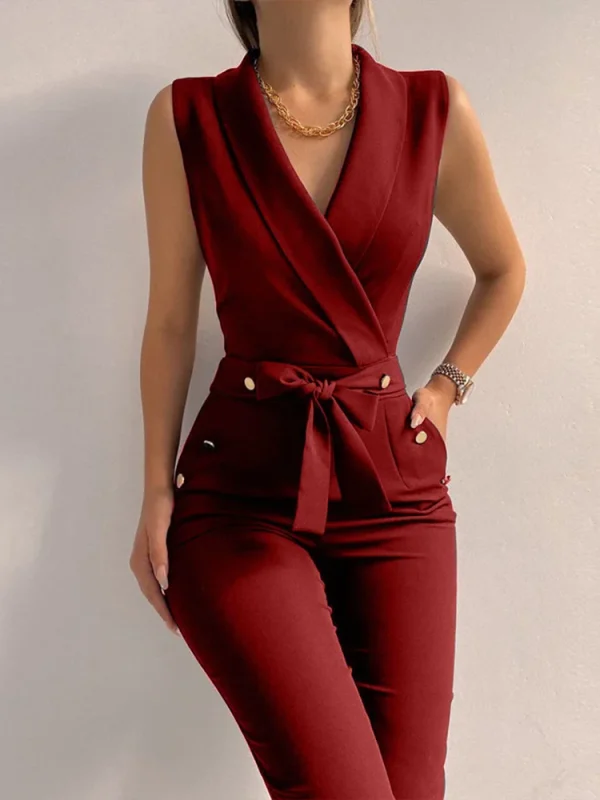 Women Casual V Neck Jumpsuits Button Lace Up Sleeveless Wide Leg Pants Streetwear Overalls Jumpsuit Women - Image 3