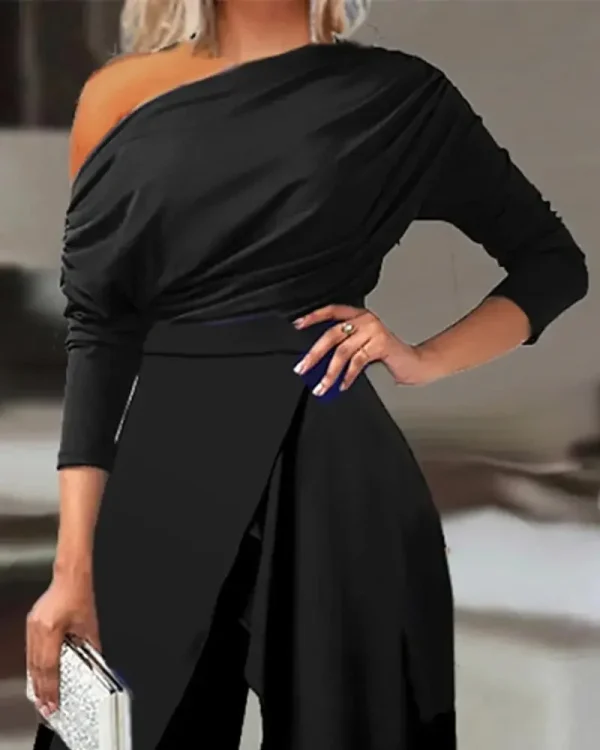 2025 Spring Jumpsuits for Women Plain Elegant Office Lady Loose Ruched One Shoulder Split Hem Wide Leg Jumpsuit - Image 2