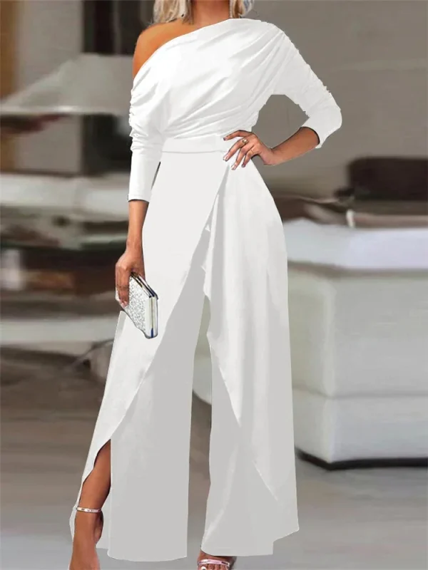 2025 Spring Jumpsuits for Women Plain Elegant Office Lady Loose Ruched One Shoulder Split Hem Wide Leg Jumpsuit - Image 4