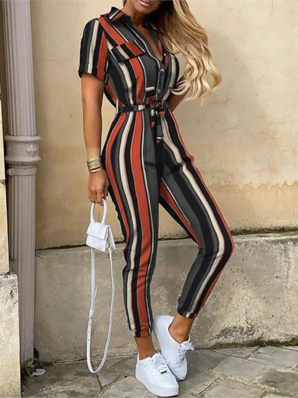 Women's Jumpsuit Solid Color Short Sleeve Lapel Lace-up Printed Belt Ladies Jumpsuits Elegant Casual Office Lady Jumpsuit Female - Image 4