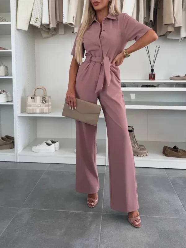 2025 Summer Fashion Women's Shirt Collar Short-sleeved Tie Jumpsuit Simple Solid Color Loose Waist Comfortable Casual Jumpsuit - Image 5