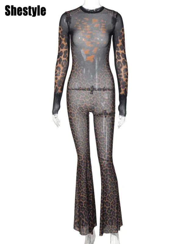 Shestyle Leopard Transparent Jumpsuit Women Sheer Flare Zipper Fly Long Sleeve Crew Neck 2024 Autumn Bodycon Outfits Clubwear - Image 5