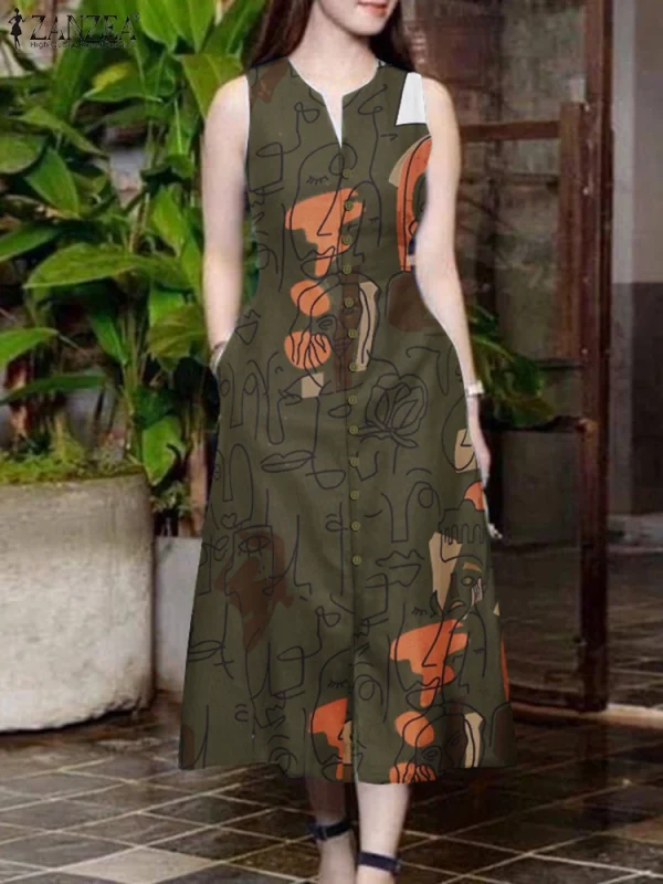 ZANZEA Elegant Women Midi Dresses Summer Sleeveless Party Sundress Stylish V Neck Holiday Work Vestidos Print A Line Dress 2025 - Image 3