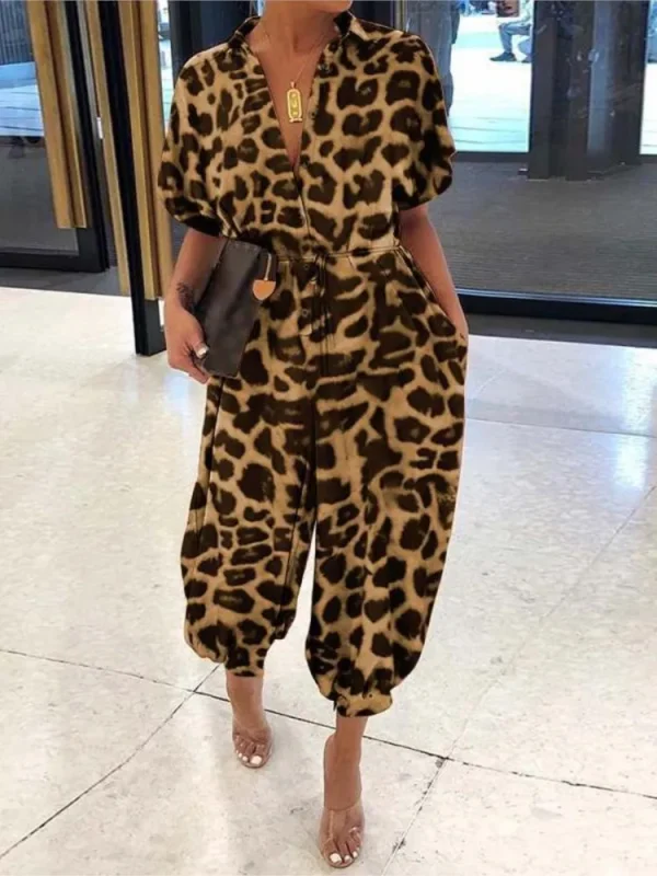 Summer Fashion V-Neck Button Lace-Up Jumpsuit Short Sleeve Loose Playsuit Overalls Women Elegant Leopard Print Pocket Rompers - Image 6