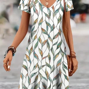 Casual Well-Fitted Printed Short Dress For Women Summer Elegant And Retro Lady's V-Neck Short-Sleeved Straight Knee-Length Dress