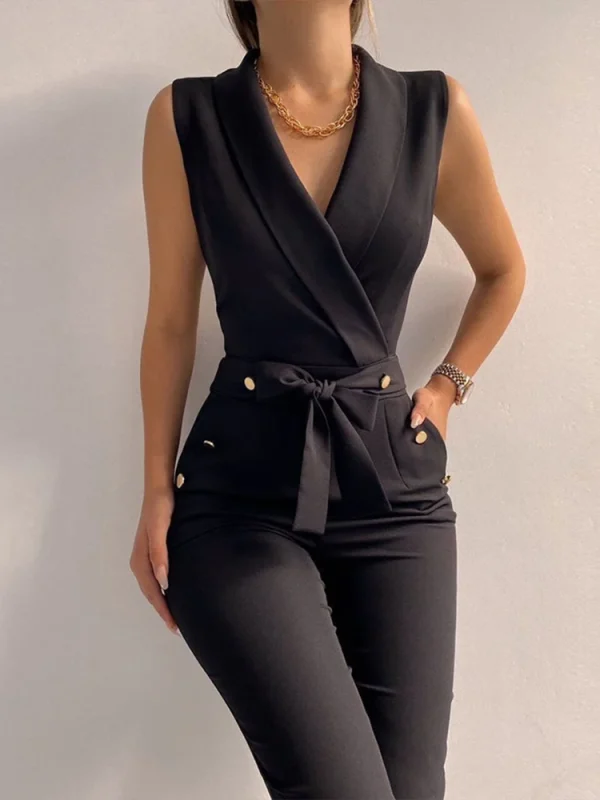 Women Casual V Neck Jumpsuits Button Lace Up Sleeveless Wide Leg Pants Streetwear Overalls Jumpsuit Women - Image 4