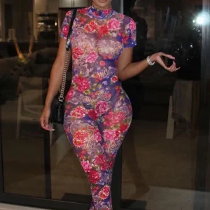 Sisterlinda Aesthetic Printed Jumpsuits Fashion Sexy Panelled Short Sleeve Backless Stand Collar Slim Overalls Mujer Clubwear