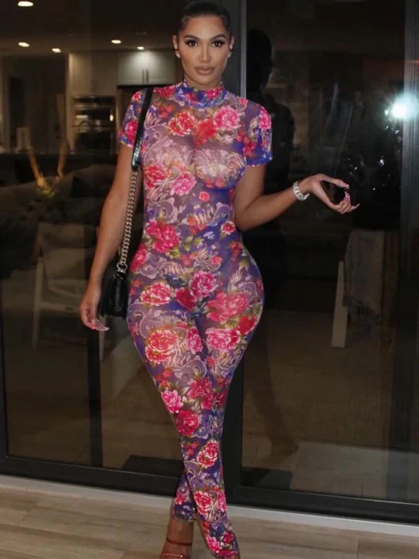 Sisterlinda Aesthetic Printed Jumpsuits Fashion Sexy Panelled Short Sleeve Backless Stand Collar Slim Overalls Mujer Clubwear