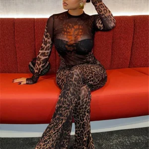 Shestyle Leopard Transparent Jumpsuit Women Sheer Flare Zipper Fly Long Sleeve Crew Neck 2024 Autumn Bodycon Outfits Clubwear