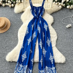 SINGREINY Vintage Print Long Jumpsuits Female Strap Sleeveless Ruched Elastic Slim Backless Summer Floral Retro Beach Rompers