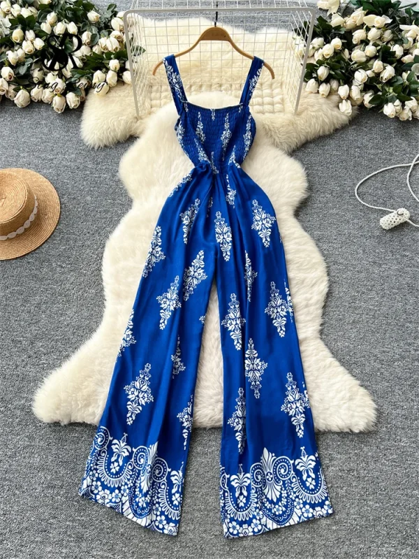 SINGREINY Vintage Print Long Jumpsuits Female Strap Sleeveless Ruched Elastic Slim Backless Summer Floral Retro Beach Rompers