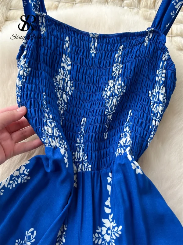 SINGREINY Vintage Print Long Jumpsuits Female Strap Sleeveless Ruched Elastic Slim Backless Summer Floral Retro Beach Rompers - Image 5
