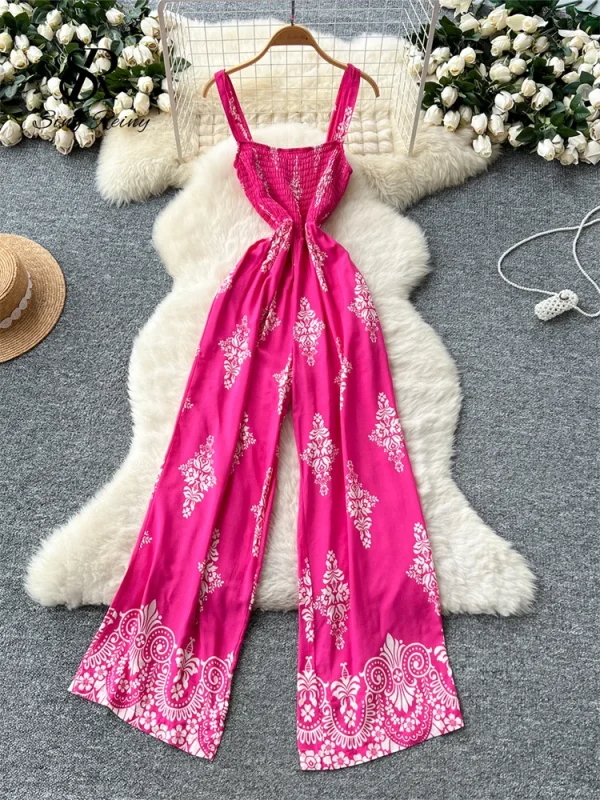 SINGREINY Vintage Print Long Jumpsuits Female Strap Sleeveless Ruched Elastic Slim Backless Summer Floral Retro Beach Rompers - Image 2