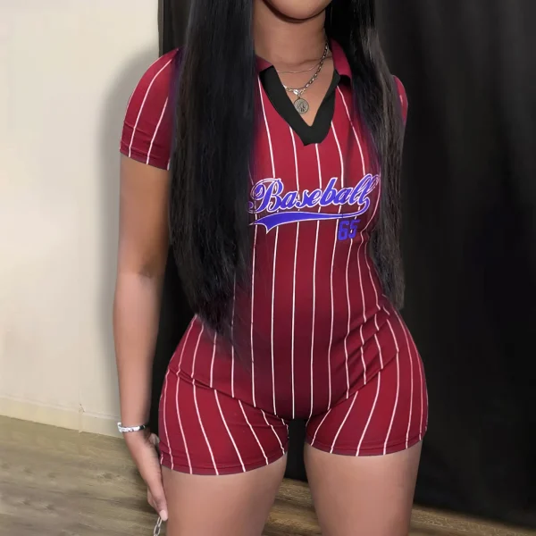 Women's V Neck Casual Jumpsuit One Piece Tight Short Rompers Sports Clothes Baseball Letter Print Summer Outfit New Fashion 2025 - Image 2