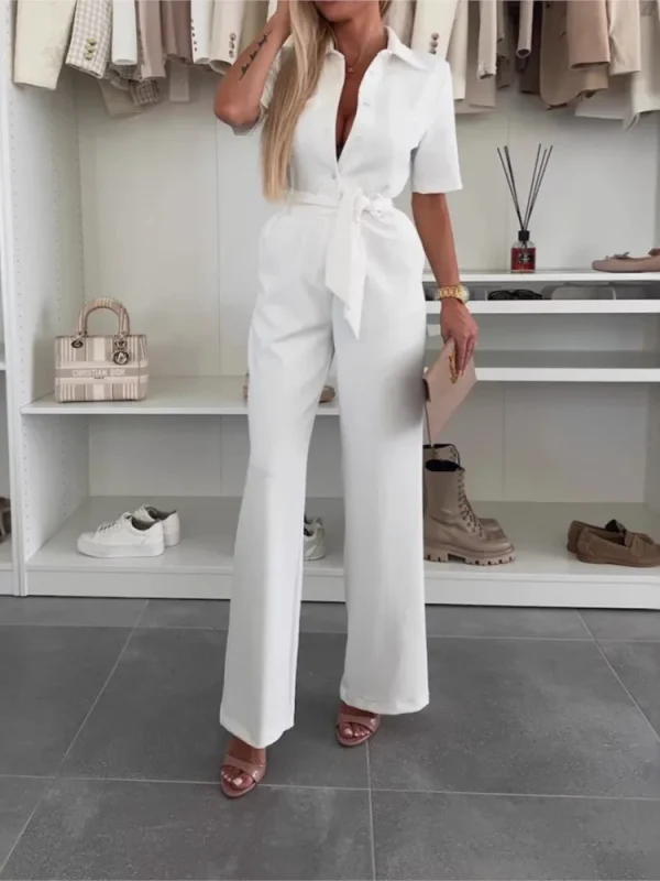 2025 Summer Fashion Women's Shirt Collar Short-sleeved Tie Jumpsuit Simple Solid Color Loose Waist Comfortable Casual Jumpsuit - Image 6
