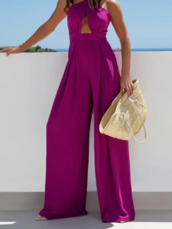 Summer Simple Solid Color Sleeveless Off-the-shoulder Sexy Hanging Neck Waist Jumpsuit Women's Fashion Elegant Wide-leg Trousers - Image 3