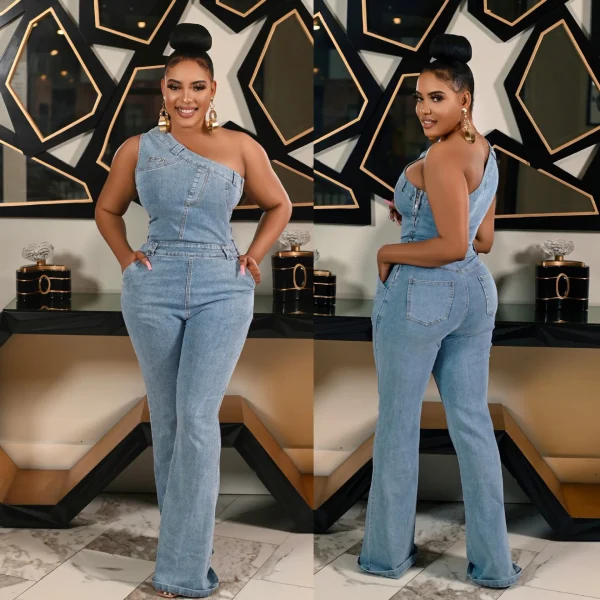 2025 New European and American style off-shoulder waist-tight denim overalls; Fashionable outfit; Trend; Women's clothing; Flare - Image 2