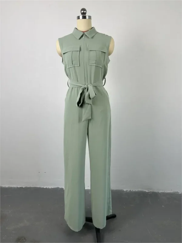 Spring And Summer Sleeveless Wide-leg Jumpsuit Women's Fashion Lace-up Lapel Pocket Front Zipper Flying Street Jumpsuit Trousers - Image 6