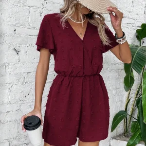 Elegant and stylish women's romper V-neck short-sleeved belt Casual holiday women's romper
