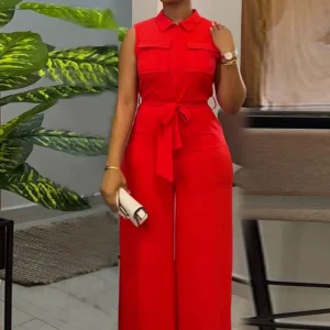 Spring And Summer Sleeveless Wide-leg Jumpsuit Women's Fashion Lace-up Lapel Pocket Front Zipper Flying Street Jumpsuit Trousers