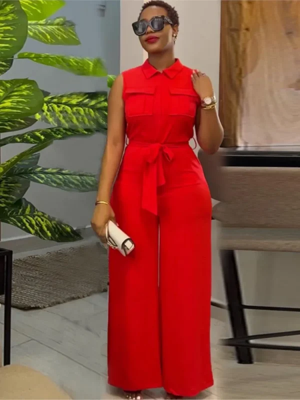 Spring And Summer Sleeveless Wide-leg Jumpsuit Women's Fashion Lace-up Lapel Pocket Front Zipper Flying Street Jumpsuit Trousers