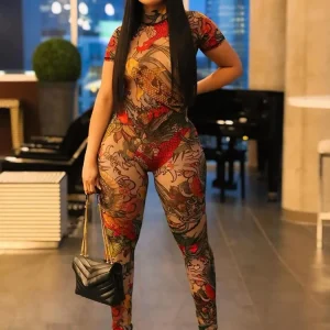 Weird Puss See Through Jumpsuit Women Backless Dragon Print Short Sleeve Fitness Activity Workout Overalls Slim Stretch Clubwear
