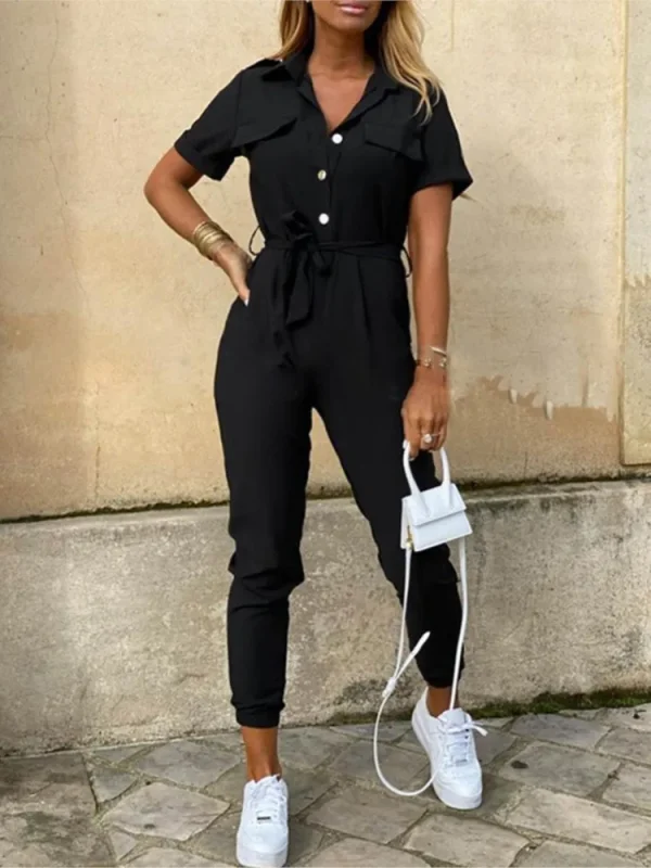 Women's Jumpsuit Solid Color Short Sleeve Lapel Lace-up Printed Belt Ladies Jumpsuits Elegant Casual Office Lady Jumpsuit Female - Image 3