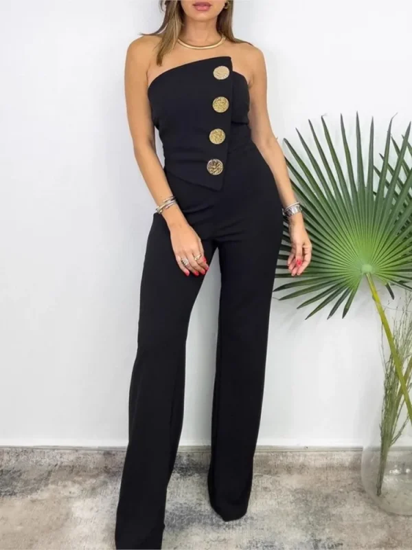 Summer Sexy Chest Button Decoration Micro-la Jumpsuit Trousers Women's Temperament Commuting Fashion Sleeveless Jumpsuit - Image 5