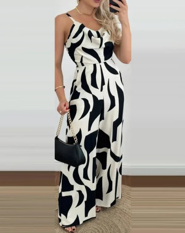 Casual Overall Spaghetti Strap Pocket All Over Print Swing Collar Sleeveless Allover Print High Waist Wide Leg Loose Jumpsuit - Image 6