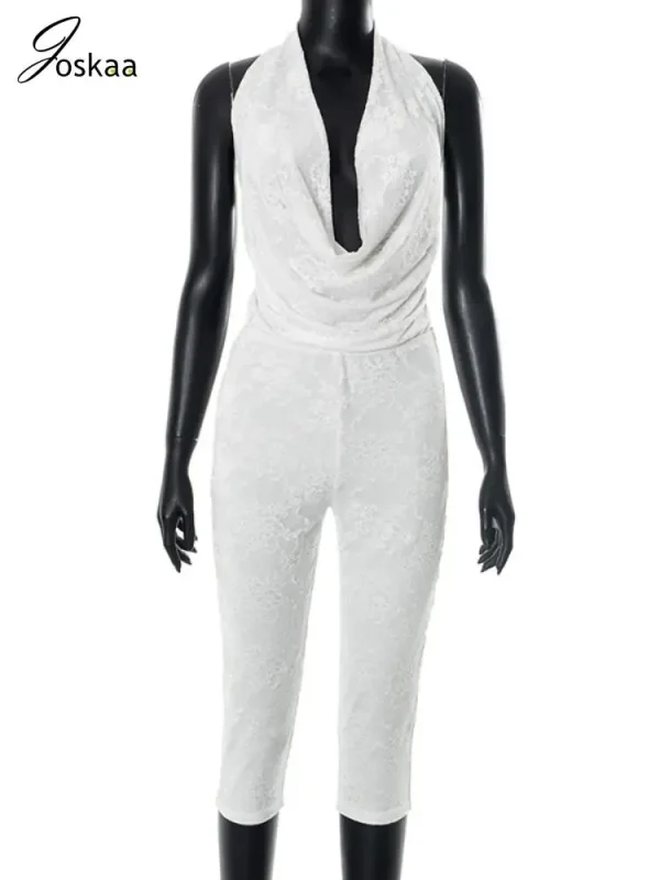 Joskaa 2025 Summer Lace Swing Collar Capri Pants Jumpsuits Women Sexy Halter Backless Bandage Skinny Rompers Midnight Clubwear - Image 4
