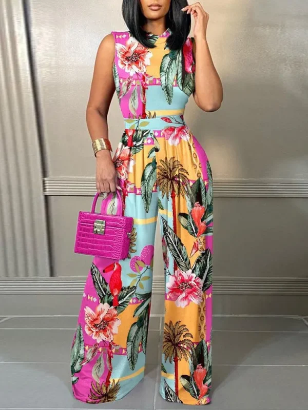 Elegant Women Wide Leg Long Juumpsuit 2024 Spring Summer Fashion Printed Sleeveless Casual Holiday Bodysuits Jumpsuits Trousers - Image 5