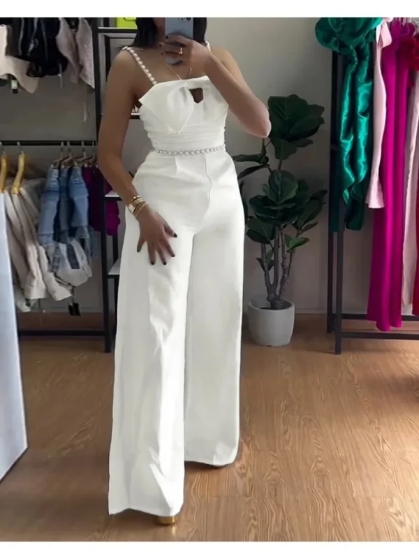 Spring New Jumpsuit Women Bandeau Beaded Spaghetti Strap Bowknot Design Ruched Slim Fit Elegant Wide-Leg Overall Female Jumpsuit - Image 4