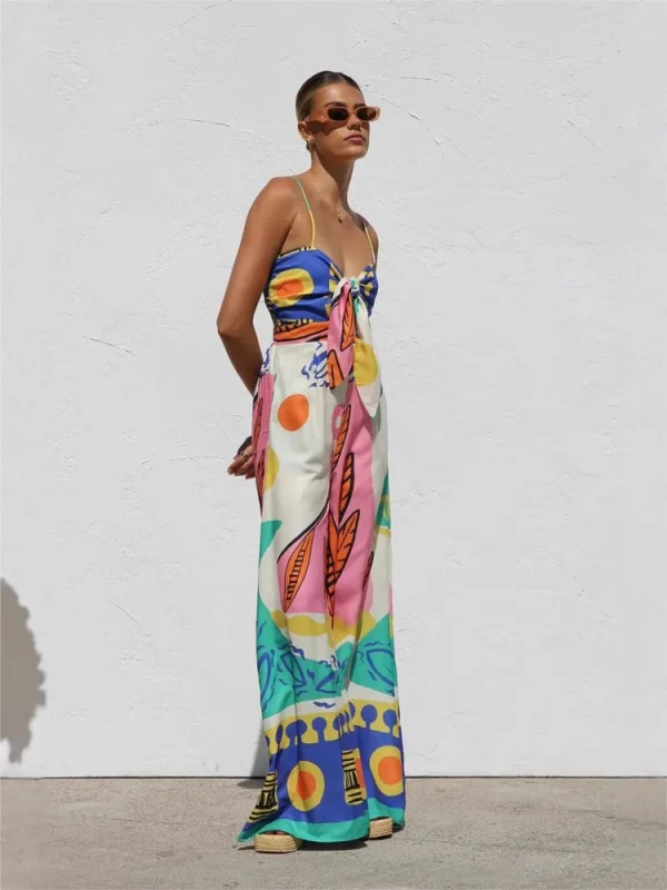 Spring Summer Print Spaghetti Strap Jumpsuits Women Fashion Sexy Hollow Out Leace-up High Waist Wide Legs Jumpsuit Bohemian New - Image 5