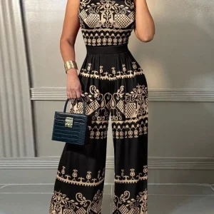 Elegant Women Wide Leg Long Juumpsuit 2024 Spring Summer Fashion Printed Sleeveless Casual Holiday Bodysuits Jumpsuits Trousers
