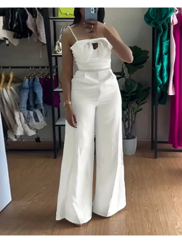 Spring New Jumpsuit Women Bandeau Beaded Spaghetti Strap Bowknot Design Ruched Slim Fit Elegant Wide-Leg Overall Female Jumpsuit