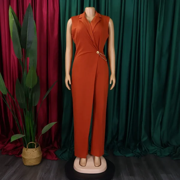 Elegant Jumpsuits & Rompers for Woman 2024 New Turn Down Collar Sleeveless High Waisted V Neck Straight Female Birthday Overalls - Image 2