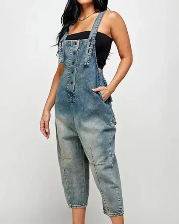 2025 Denim Jumpsuit Women's Overall Fashion Split Loose Wide Leg Pocket Button Slim Blue Suspenders Vintage Women's jumpsuit - Image 3