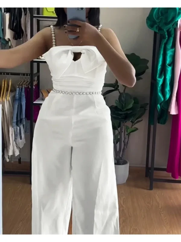 Spring New Jumpsuit Women Bandeau Beaded Spaghetti Strap Bowknot Design Ruched Slim Fit Elegant Wide-Leg Overall Female Jumpsuit - Image 2