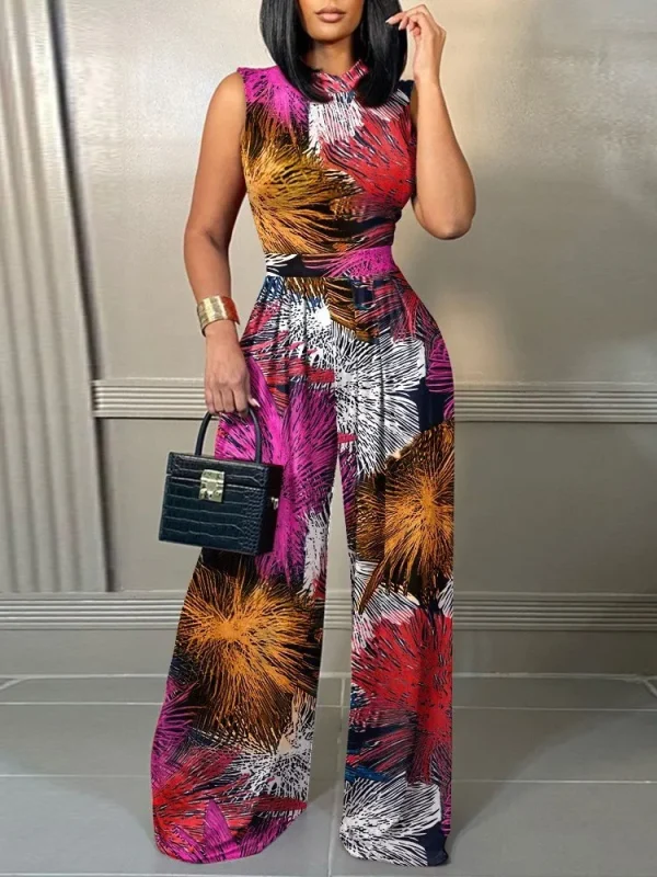 Elegant Women Wide Leg Long Juumpsuit 2024 Spring Summer Fashion Printed Sleeveless Casual Holiday Bodysuits Jumpsuits Trousers - Image 4