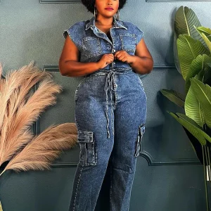 Jumpsuit Women Jeans Elastic Waist One Piece Summer Denim Jumpsuit Sleeveless Sexy and Elegant Stretchy Jumpsuit Straight Pant
