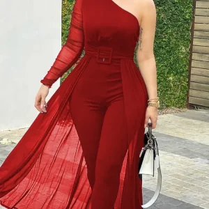 Women Fashion Casual One Shoulder Plain Sheer Mesh Jumpsuit Elegant Long Sleeve Chic Mesh Solid Patchwork Y2K Streetwear Female