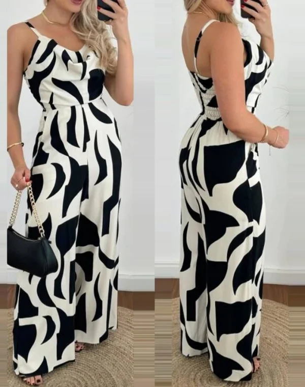 Casual Overall Spaghetti Strap Pocket All Over Print Swing Collar Sleeveless Allover Print High Waist Wide Leg Loose Jumpsuit - Image 5