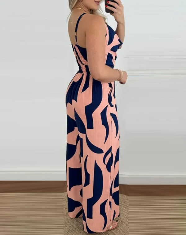 Casual Overall Spaghetti Strap Pocket All Over Print Swing Collar Sleeveless Allover Print High Waist Wide Leg Loose Jumpsuit - Image 2