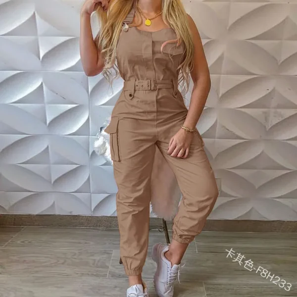 Autumn Women's Clothing Bodysuit Jumpsuit 2023 Simple Zipper Cargo High Waisted Conjoined Body Pants Sleeveless Strap Trousers - Image 3