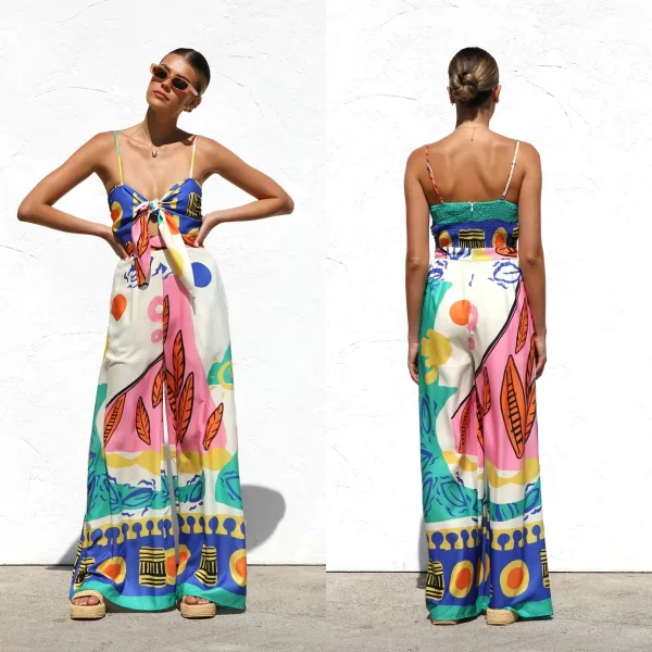 Spring Summer Print Spaghetti Strap Jumpsuits Women Fashion Sexy Hollow Out Leace-up High Waist Wide Legs Jumpsuit Bohemian New - Image 6