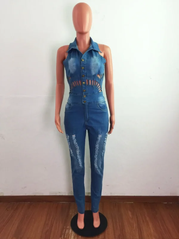 Ripped Denim Romper Sexy Women Turn Down Collar Elegant Blue Jeans Pencil Overalls Jumpsuit - Image 4